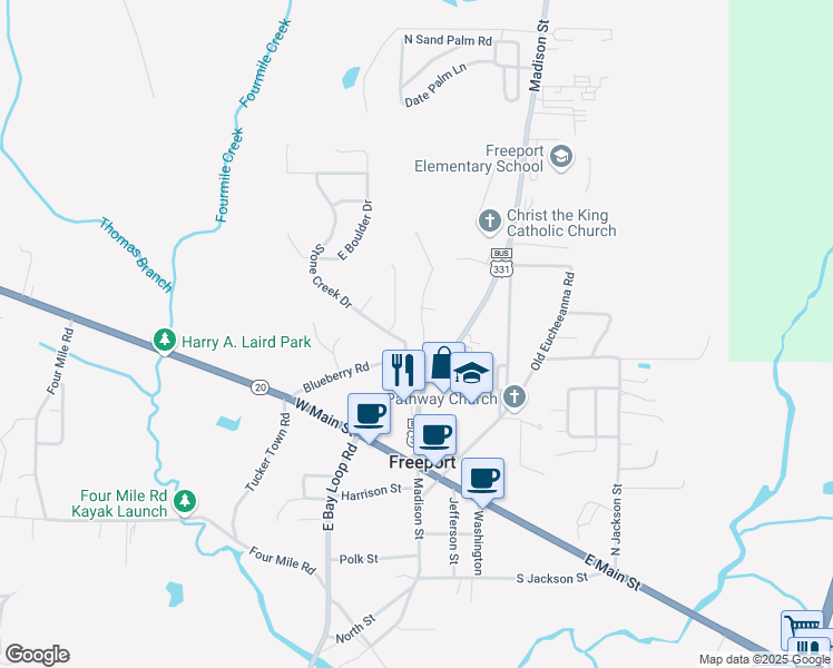 map of restaurants, bars, coffee shops, grocery stores, and more near 47 Palm Street in Freeport