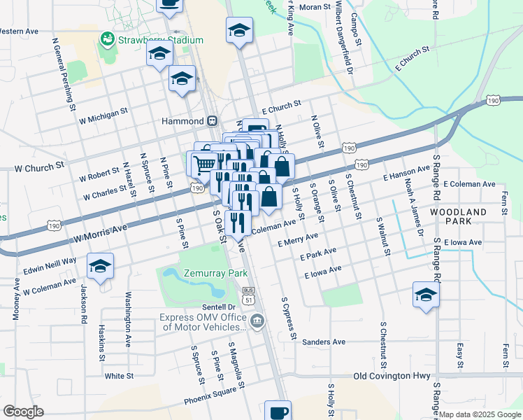 map of restaurants, bars, coffee shops, grocery stores, and more near 200 East Hanson Avenue in Hammond