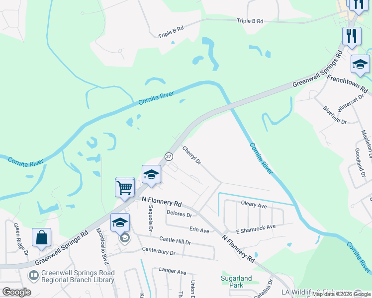 map of restaurants, bars, coffee shops, grocery stores, and more near 5621 Cherryl Drive in Baton Rouge