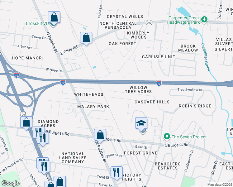map of restaurants, bars, coffee shops, grocery stores, and more near 155 Creekview Drive in Pensacola