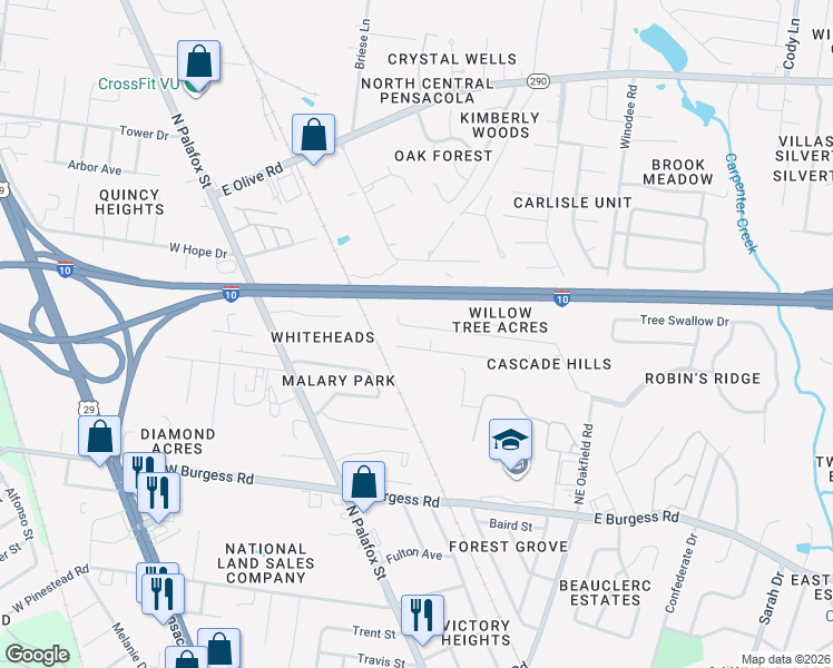 map of restaurants, bars, coffee shops, grocery stores, and more near 155 Creekview Drive in Pensacola