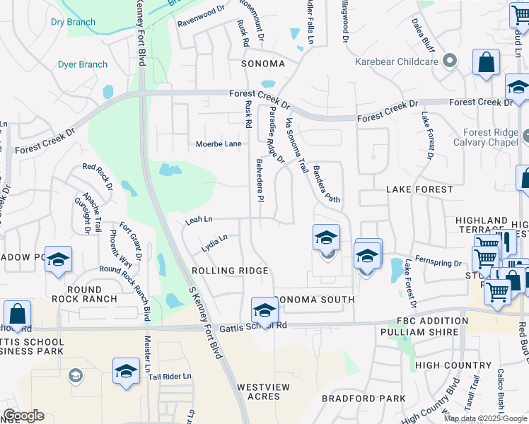 map of restaurants, bars, coffee shops, grocery stores, and more near 1613 Belvedere Place in Round Rock