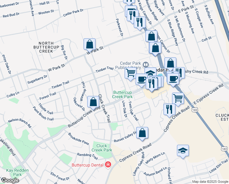 map of restaurants, bars, coffee shops, grocery stores, and more near 406 Ridgewood Drive in Cedar Park