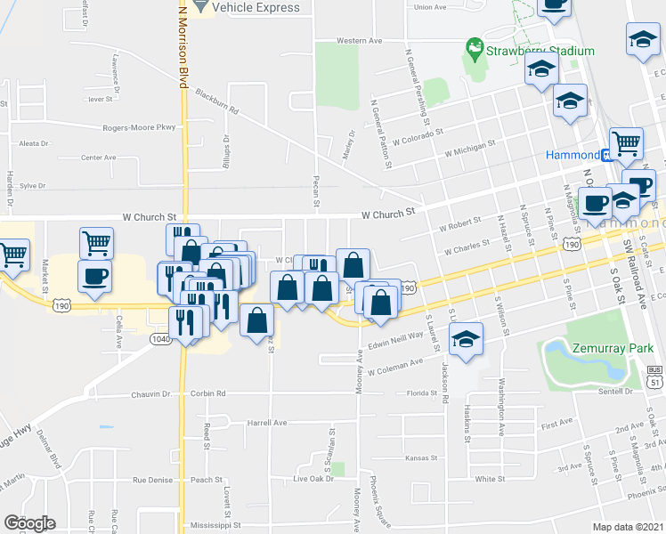 map of restaurants, bars, coffee shops, grocery stores, and more near 120 North Scanlan Street in Hammond
