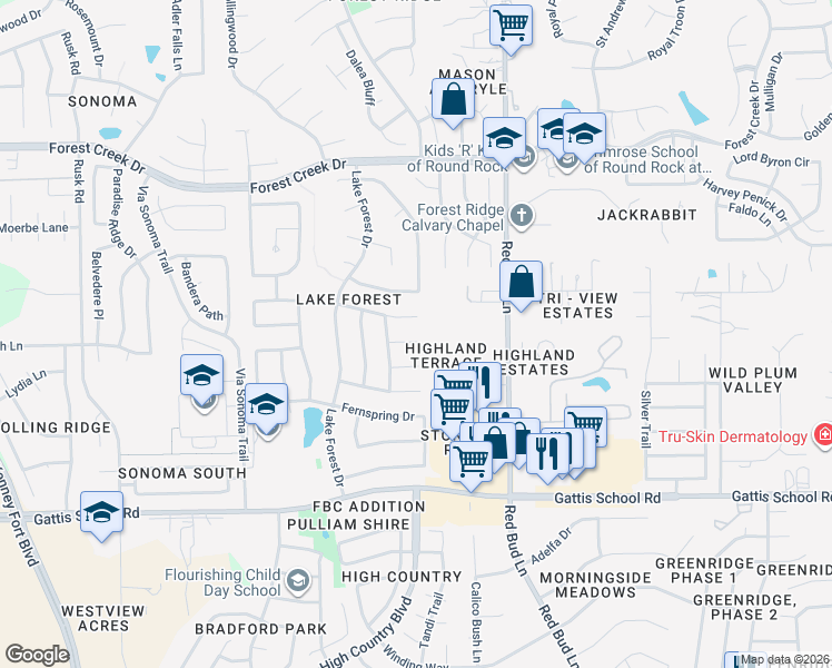 map of restaurants, bars, coffee shops, grocery stores, and more near 1908 Forest Meadow Cove in Round Rock