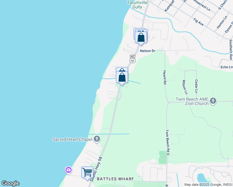 map of restaurants, bars, coffee shops, grocery stores, and more near 5845 Rivenbark Lane in Fairhope