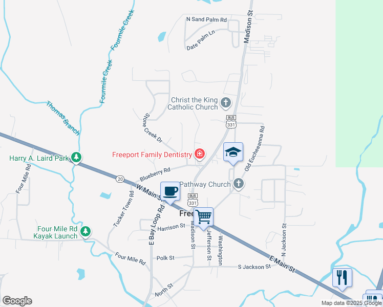 map of restaurants, bars, coffee shops, grocery stores, and more near 55 Palm Street in Freeport