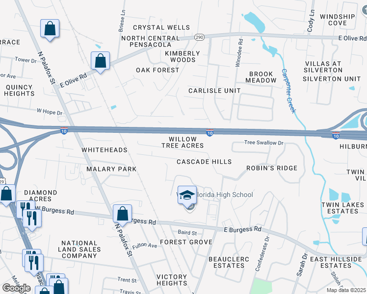 map of restaurants, bars, coffee shops, grocery stores, and more near 192 Creekview Drive in Pensacola