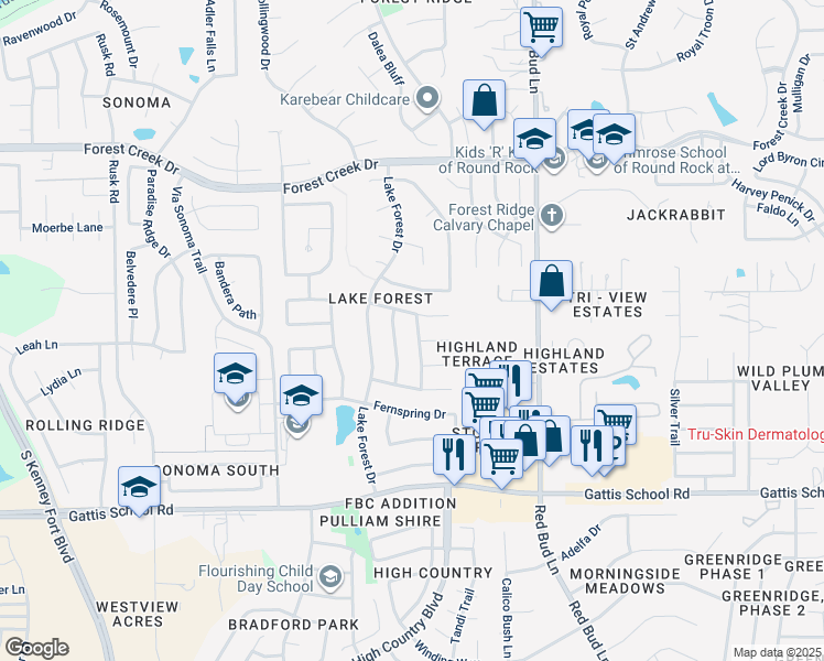 map of restaurants, bars, coffee shops, grocery stores, and more near 2904 Forest Meadow Drive in Round Rock