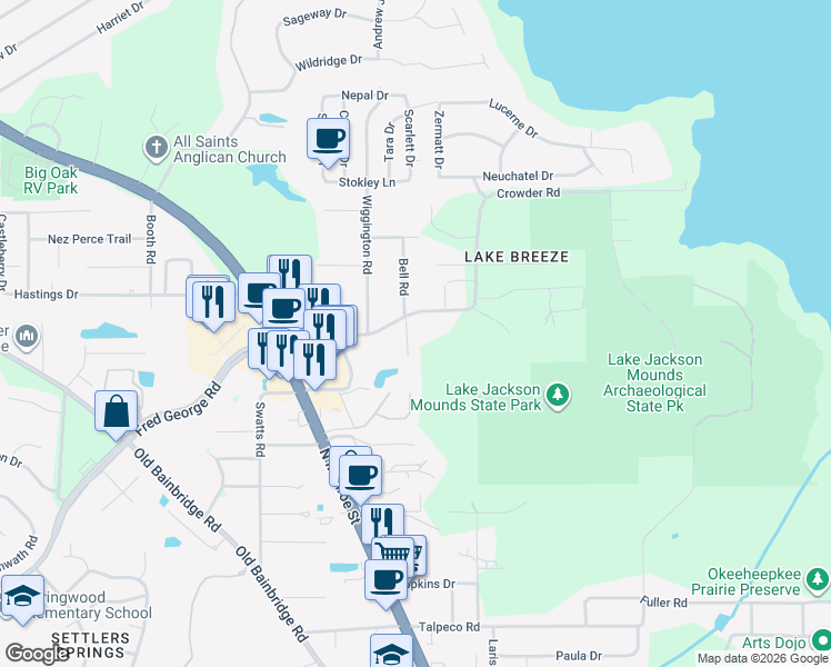 map of restaurants, bars, coffee shops, grocery stores, and more near 3705 Bellwood Drive in Tallahassee