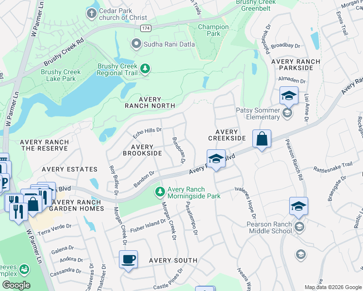 map of restaurants, bars, coffee shops, grocery stores, and more near 9813 Bundoran Drive in Austin