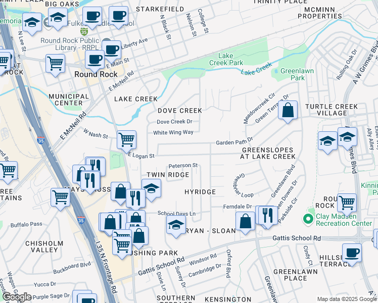 map of restaurants, bars, coffee shops, grocery stores, and more near 602 East Logan Street in Round Rock