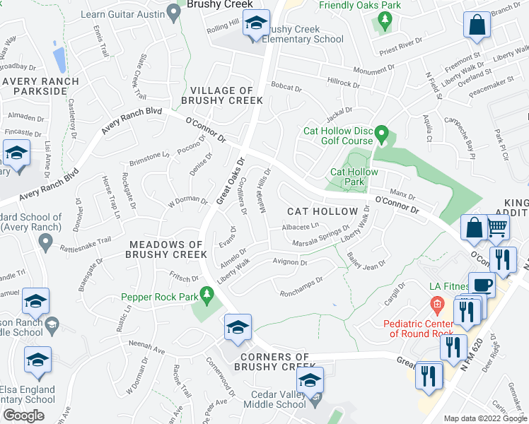 map of restaurants, bars, coffee shops, grocery stores, and more near 16623 Malaga Hills Drive in Round Rock