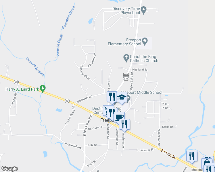 map of restaurants, bars, coffee shops, grocery stores, and more near 63 Palm Street in Freeport