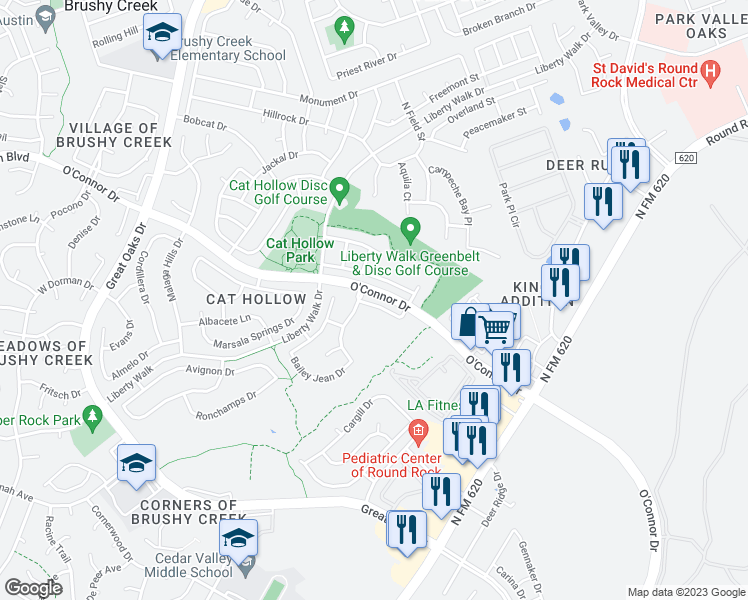 map of restaurants, bars, coffee shops, grocery stores, and more near 8016 Brienne Drive in Round Rock