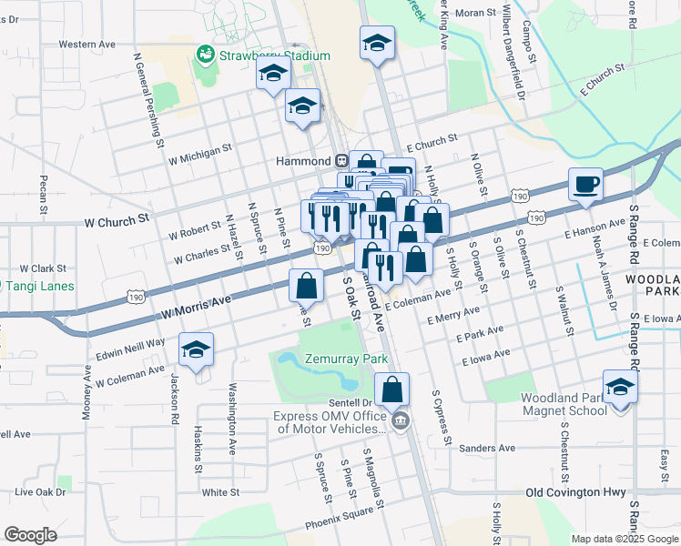 map of restaurants, bars, coffee shops, grocery stores, and more near 200 South Oak Street in Hammond