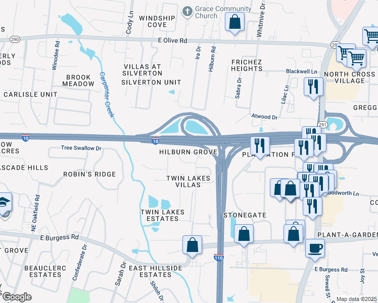 map of restaurants, bars, coffee shops, grocery stores, and more near 441 Hilburn Lane in Pensacola