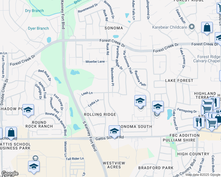 map of restaurants, bars, coffee shops, grocery stores, and more near 1613 Belvedere Place in Round Rock