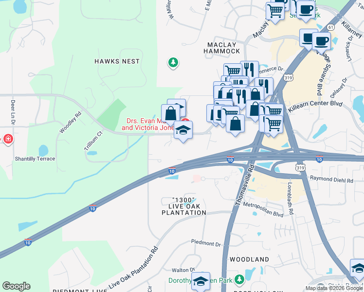 map of restaurants, bars, coffee shops, grocery stores, and more near 1301 Timberlane Road in Tallahassee