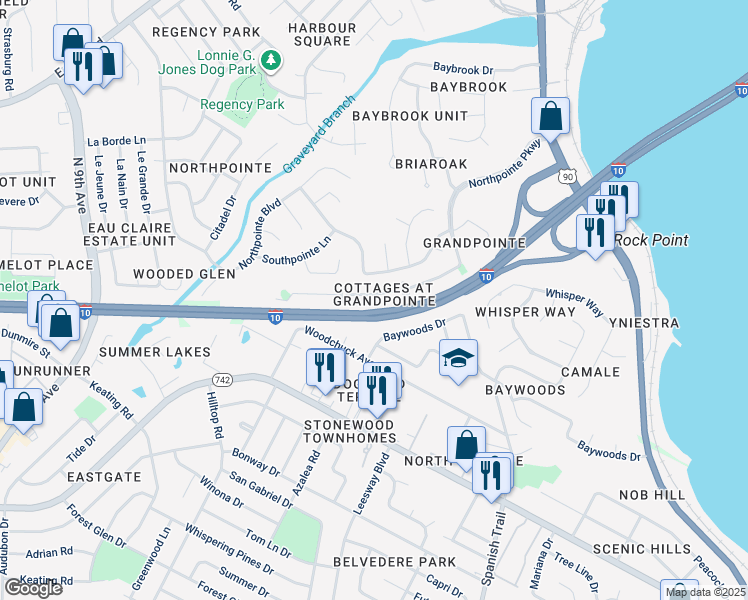 map of restaurants, bars, coffee shops, grocery stores, and more near 165 Wildflower Lane in Pensacola