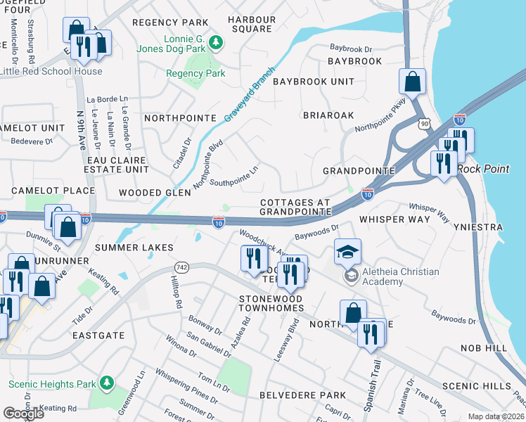 map of restaurants, bars, coffee shops, grocery stores, and more near 131 Wildflower Lane in Pensacola