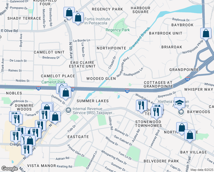 map of restaurants, bars, coffee shops, grocery stores, and more near 7602 Glen Crossing in Pensacola