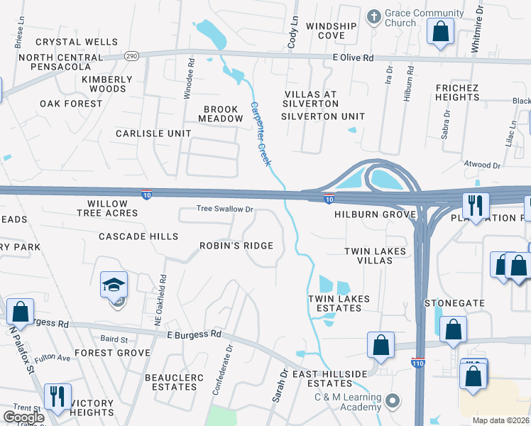 map of restaurants, bars, coffee shops, grocery stores, and more near 6368-6372 Parakeet Trail in Pensacola