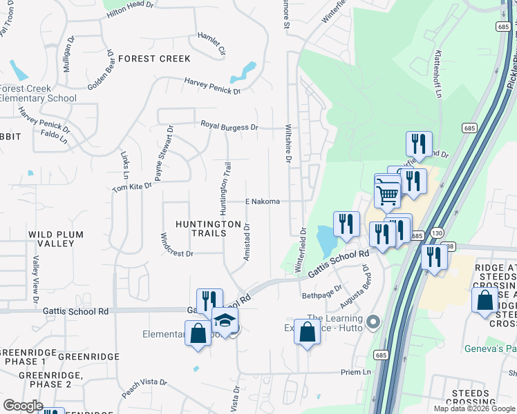 map of restaurants, bars, coffee shops, grocery stores, and more near 205 East Nakoma in Round Rock