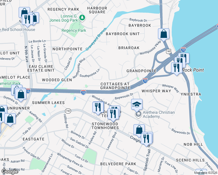 map of restaurants, bars, coffee shops, grocery stores, and more near 157 Wildflower Lane in Pensacola