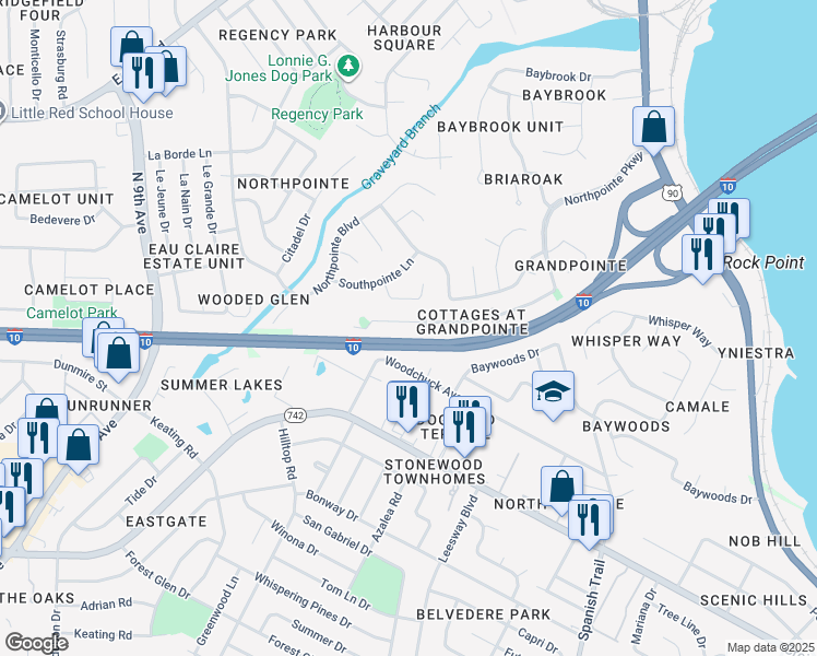 map of restaurants, bars, coffee shops, grocery stores, and more near 131 Wildflower Lane in Pensacola