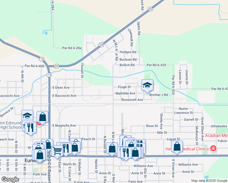 map of restaurants, bars, coffee shops, grocery stores, and more near 100-198 Mathilda Avenue in Eunice