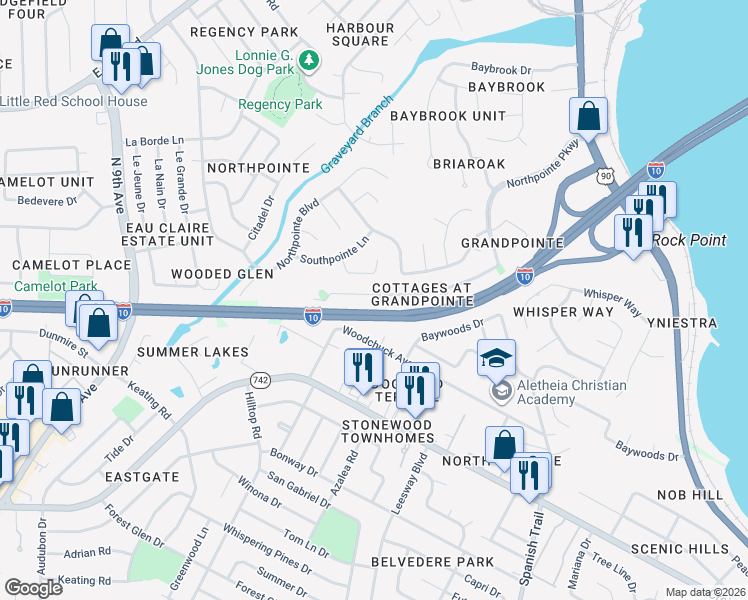 map of restaurants, bars, coffee shops, grocery stores, and more near 131 Wildflower Lane in Pensacola