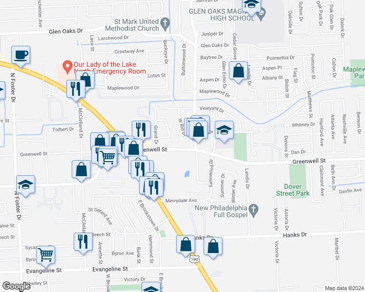 map of restaurants, bars, coffee shops, grocery stores, and more near 6525 Greenwell Street in Baton Rouge