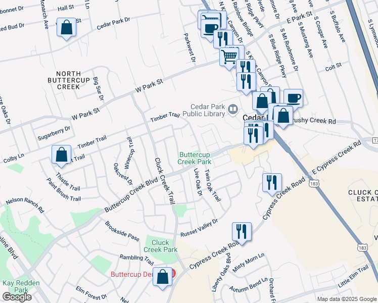 map of restaurants, bars, coffee shops, grocery stores, and more near 406 Ridgewood Drive in Cedar Park