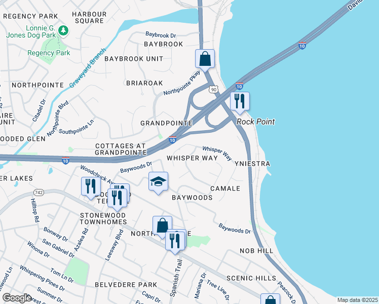 map of restaurants, bars, coffee shops, grocery stores, and more near 4497 Whisper Drive in Pensacola