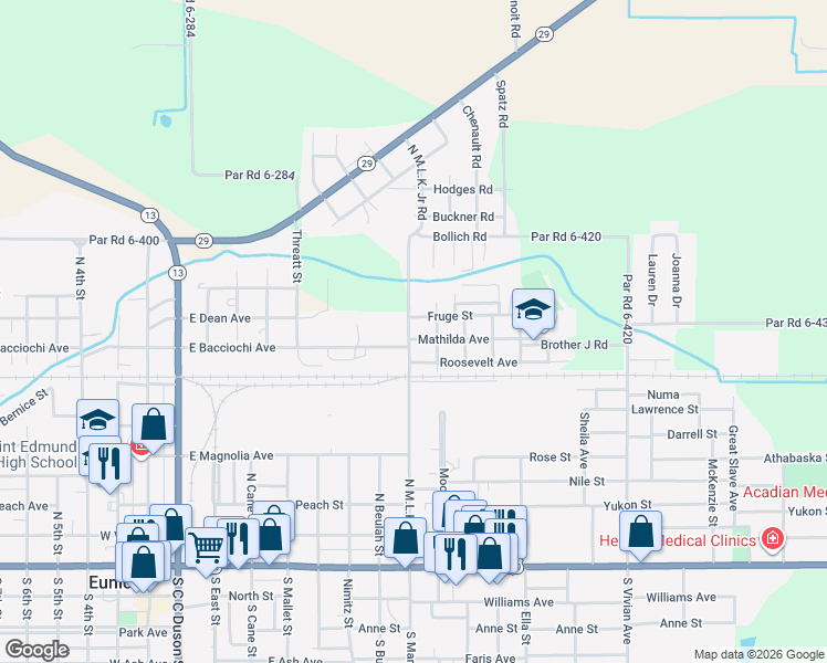 map of restaurants, bars, coffee shops, grocery stores, and more near 100 Mathilda Avenue in Eunice