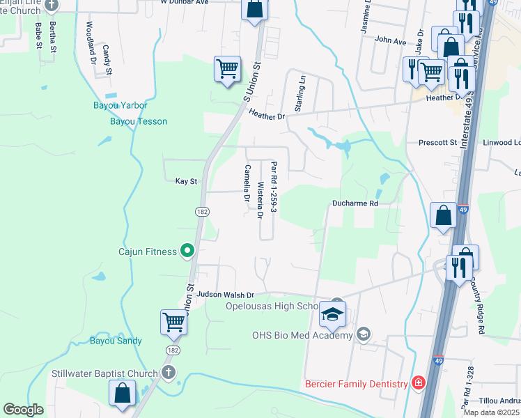 map of restaurants, bars, coffee shops, grocery stores, and more near Wisteria Drive in Opelousas