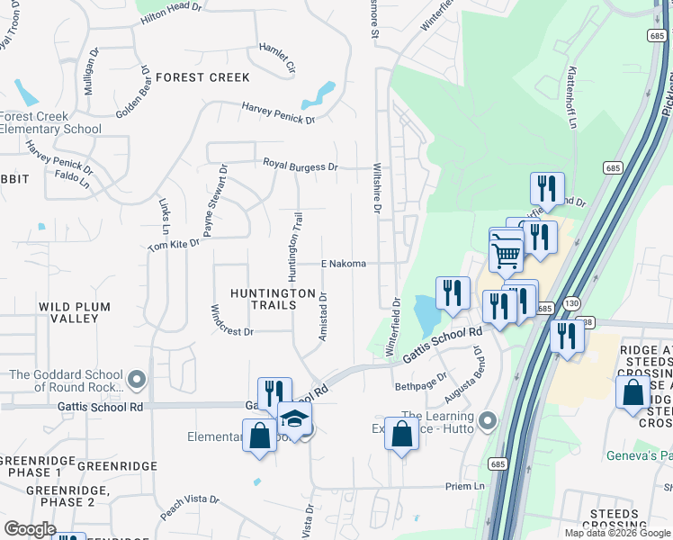 map of restaurants, bars, coffee shops, grocery stores, and more near 205 East Nakoma in Round Rock