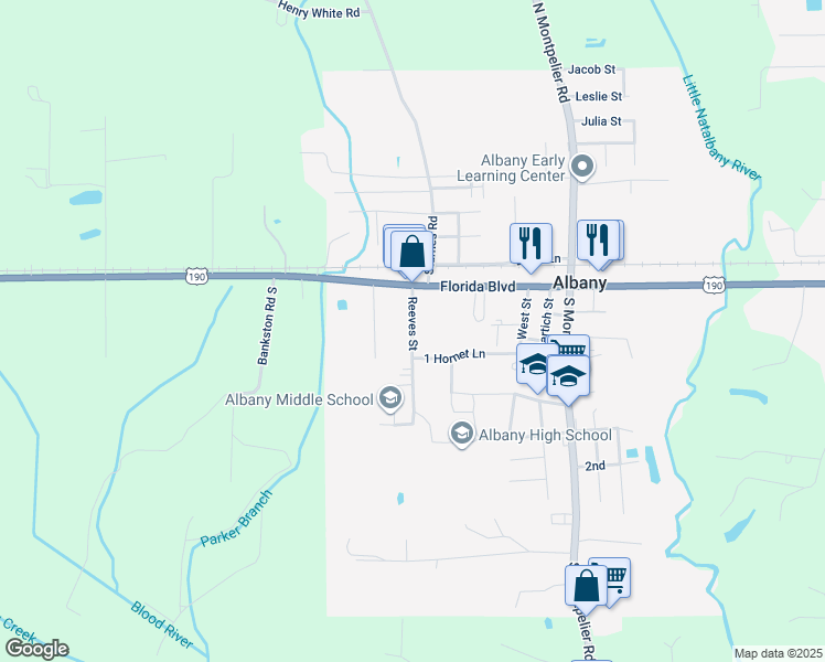 map of restaurants, bars, coffee shops, grocery stores, and more near 29801 Reeves Street in Albany