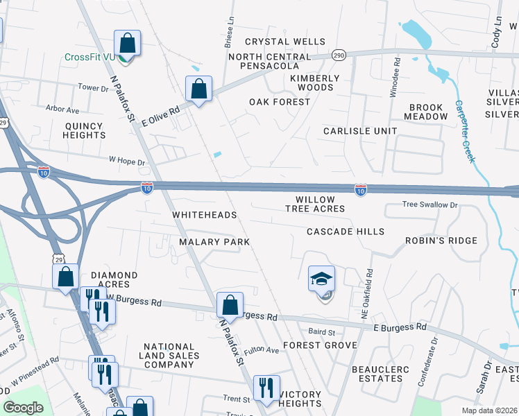 map of restaurants, bars, coffee shops, grocery stores, and more near 148 Creekview Drive in Pensacola