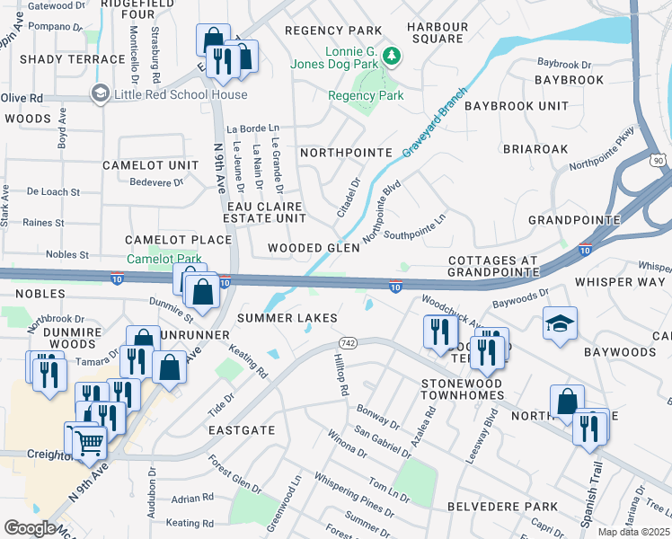 map of restaurants, bars, coffee shops, grocery stores, and more near 7602 Glen Crossing in Pensacola