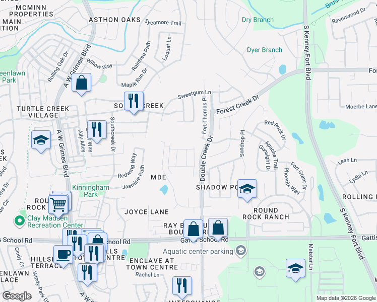 map of restaurants, bars, coffee shops, grocery stores, and more near 800 Double Creek Drive in Round Rock
