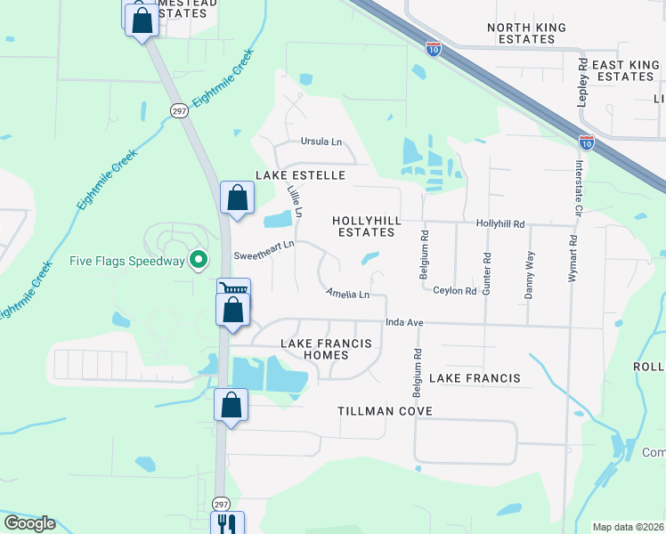 map of restaurants, bars, coffee shops, grocery stores, and more near 2409 Sweetheart Lane in Pensacola