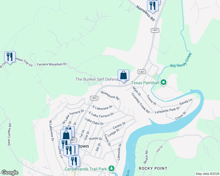 map of restaurants, bars, coffee shops, grocery stores, and more near 18417 Ranch Road 1431 in Jonestown