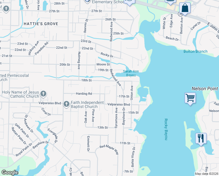 map of restaurants, bars, coffee shops, grocery stores, and more near 1763 Hopper Street in Niceville