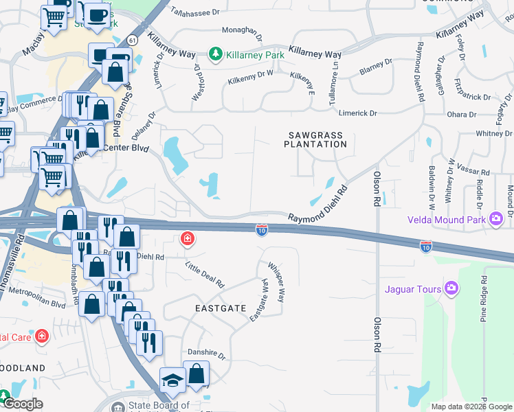 map of restaurants, bars, coffee shops, grocery stores, and more near 2437 Raymond Diehl Road in Tallahassee