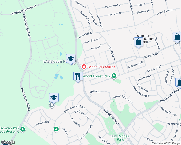 map of restaurants, bars, coffee shops, grocery stores, and more near 1700 West Park Street in Cedar Park