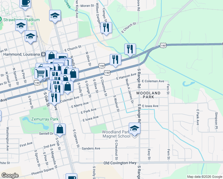 map of restaurants, bars, coffee shops, grocery stores, and more near 405 South Chestnut Street in Hammond
