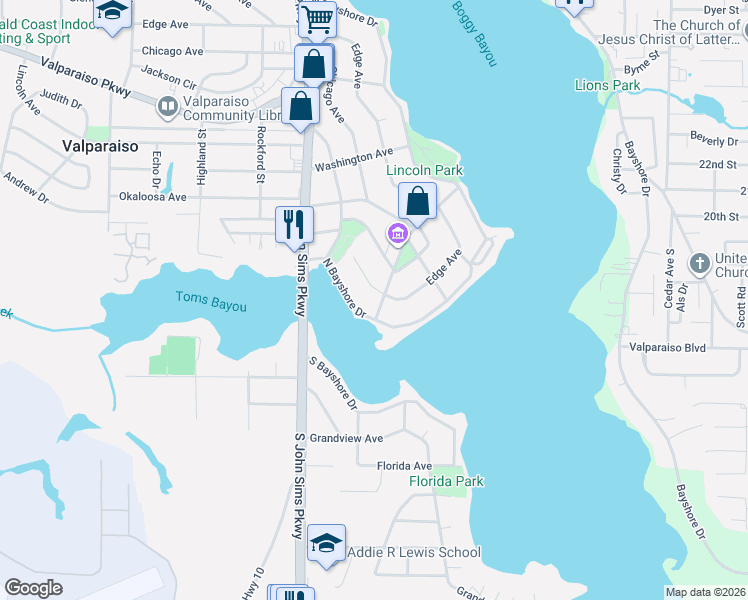map of restaurants, bars, coffee shops, grocery stores, and more near 1137 North Bayshore Drive in Valparaiso