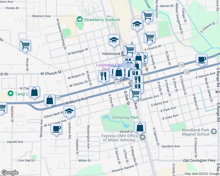 map of restaurants, bars, coffee shops, grocery stores, and more near 113 South Pine Street in Hammond